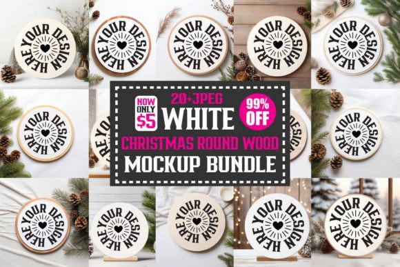 Christmas White Round Wood Mockup Bundle: Graphics for Christmas Amp
